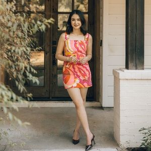 Express Two Piece Set, Colors Multi Pink Orange Yellow, Tank and Belted Skirt